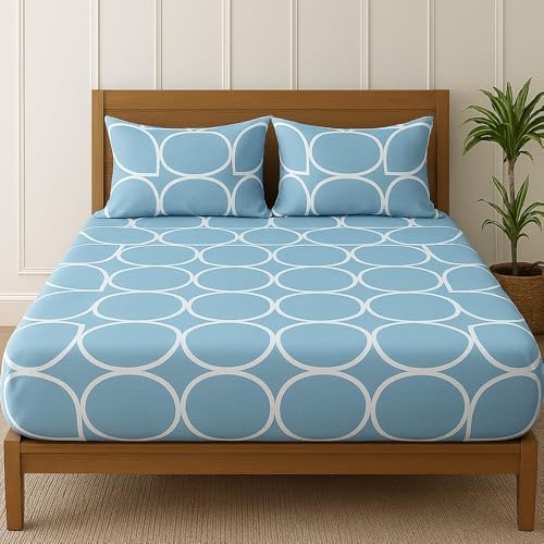 AVINYA 180 TC Cotton Feel All Around Elastic Fitted Bedsheets King Size with 2 Pillow Covers for Double Bed, Size- 78" x 72" (Blue Gole)