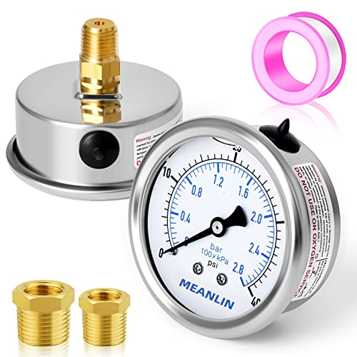 Image of MEANLIN MEASURE 0~40Psi Stainless Steel 1 /4 inch NPT 2.5 inch FACE DIAL Liquid Filled Pressure Gauge WOG Water Oil Air, Cencter Back Mount, with 1 /2 inch NPT and 3 /8 inch NPT Hex Bushing