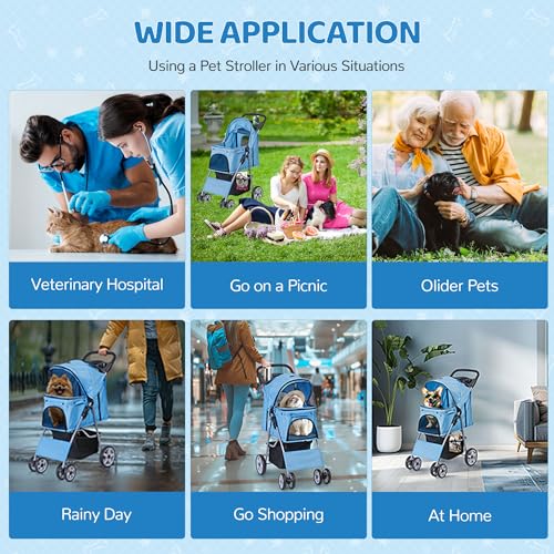 Image of ZENY Foldable Pet Stroller, Cat /Dog Stroller with 4 Wheel, Pet Travel Carrier Strolling Cart with Storage Basket, Cup Holder (Blue)