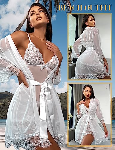 RSLOVE Women Sexy Lingerie Set 3 Piece Babydoll & Lace Kimono Robe Strap Chemise Sleepwear Mesh Nightgown3