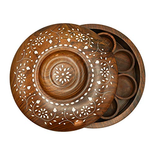 Image of Naayaab Craft Sheesham Wood Pakka Masala Box with Spoon, Round Table Top Masala Dabba 7 Containers for Kitchen (Brown, 25 x 25 x 8.5 cm)