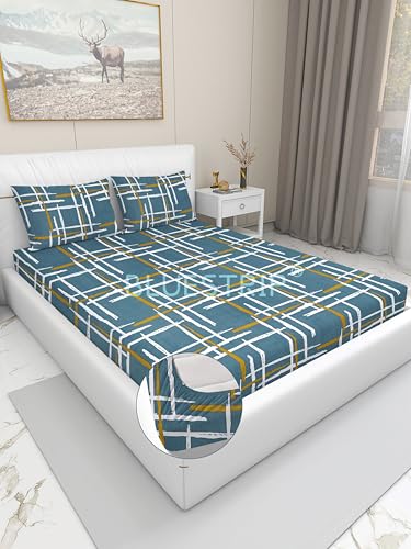 Image of Blue Strip 300 TC Cotton Feel Glace Cotton Elastic Fitted Printed Queen Size Double Bed Bedsheet with 2 Pillow Covers Fits Upto 8 inches,Size- 60x78x8 Inches