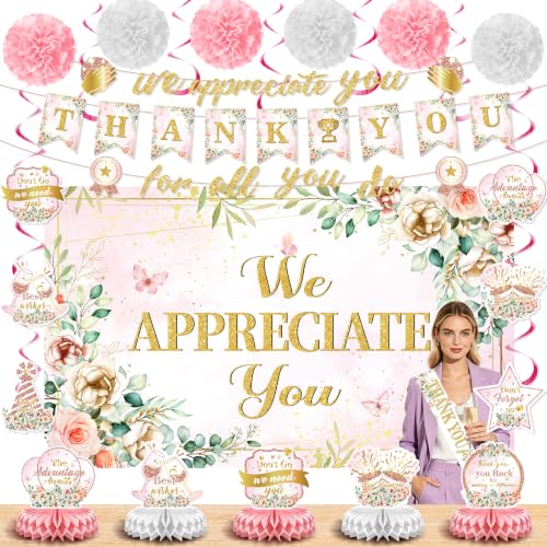 Image of Pink Floral We Appreciate You Party Decorations for Employee Teacher Decor | Thank You for All You Do Banner Honeycomb Centerpieces Hanging Swirl for Office Employee Pastor Appreciation Party Gift Decor