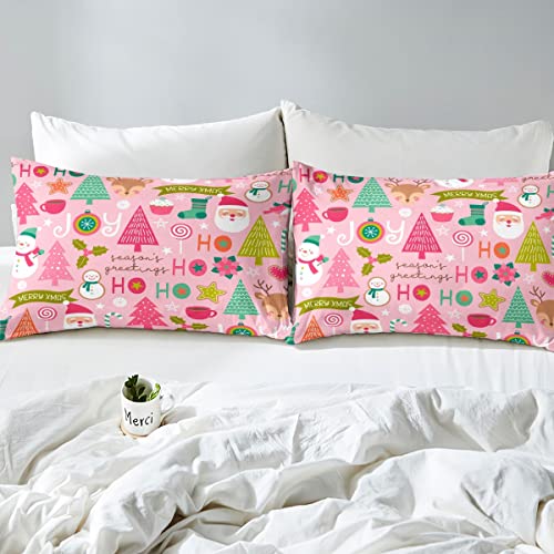 Pink Christmas Bed Sheets, Cartoon Santa Claus Sheet Set Full Size For Kids Boys Girls Women Bedroom, Snowman Pine Fitted Sheet + Christmas Tree Cute Deer Top Sheet + 2 Xmas Decor Pillow Cases #TOP4