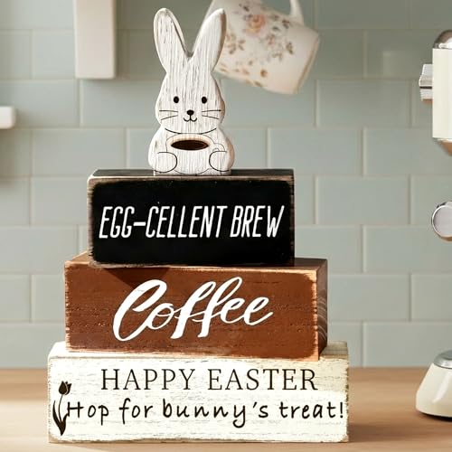 Easter Decorations Table Decor, Rustic Wood Coffee Bunny Table Decor Signs, Farmhouse...