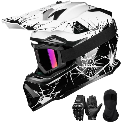 ILM Adult Dirt Bike Helmets Men Women Motocross ATV Off Road Helmet with Goggles Gloves Mask DOT Model WS901 (Black White, L)