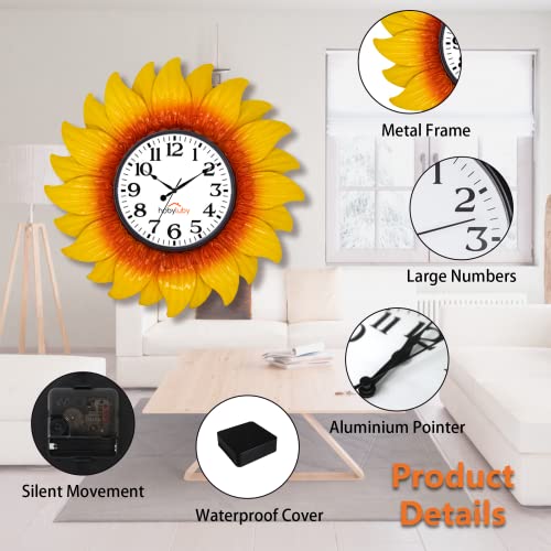 Hobyluby 13'' Outdoor Wall Clock, Sunflower Clock Silent Non-Ticking, Waterproof Outdoor Clocks For Patio, Office, Kitchen #TOP2