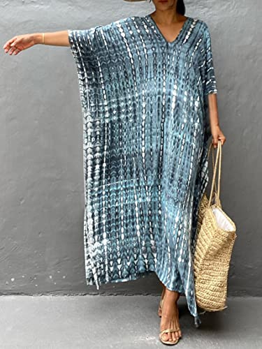 Image of Kaftan Dresses for Women Plus Size Summer Beach Dress with Print and Swim Cover Ups Blue Grey