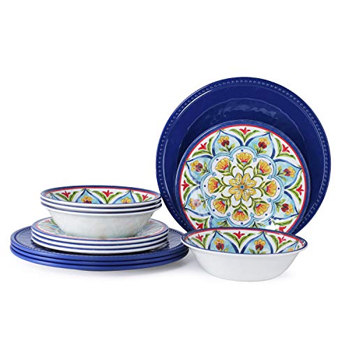 YuanKanJu 12 Piece Melamine Dinnerware Sets for 4 Unbreakable Dishes Set Indoor and Outdoor Use Plates and Bowls Sets Dishwasher Safe Retro Style