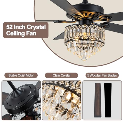Image of 52'' Black Crystal Chandelier Ceiling Fan with Light