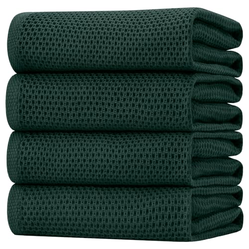Image of Homaxy 100% Cotton Oversized Waffle Weave Kitchen Dish Towels, Ultra Soft Absorbent Quick Drying Cleaning Towel, 20 x 28 Inches, 4-Pack, Blackish Green
