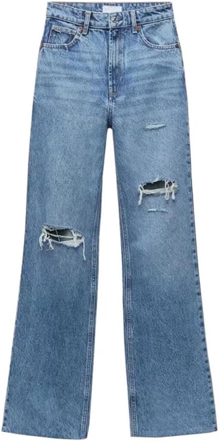 Women High Waist Wide Leg Jeans Decorative Torn Style Slim Fit Denim Pants for Spring Outfits