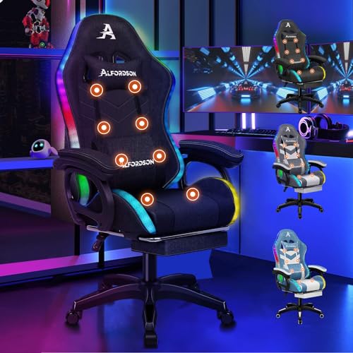 Alfordson Led Silla Gaming, Silla Gamer Con Masaje De 8 Puntos, Silla De Ordenador Ergonómico Con Iluminación Rgb Con Soporte Lumbar Y Reposacabezas, Material De Tela, Negro