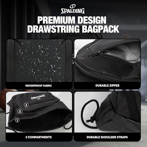 Image of Spalding Basketball Sackpack Drawstring Sports Bag, Large Black Backpack fits Ball and Gym Sports Equipment, Gift for Basketball Players