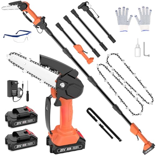 Cordless Pole Saw 7.55Ft, 2 in 1 Electric High Branch Saw and Mini Chainsaw with 2 * 6-inch Electric Chain, 2 * 2000mAh Battery and Adapter, 2.3M Extension Pole Chainsaw for Tree Pruning