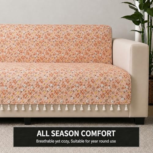 Image of STITCHNEST 'Frostvine Collection' 2 Seater Sofa Cover - Full Coverage| Cotton Quilted Fabric, Decorative Tassels, Washable & Durable for Modern Living