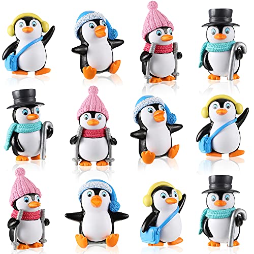 12 Pieces Cute Penguin Characters Toys Penguin Figures Collection Playset Mini Cartoon Penguin Cake Topper Winter Penguin Figurines Cake Decoration for Boy Girl Gift Birthday Landscape Party Supplies