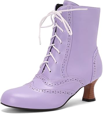 Women Vintage Victorian Lace Up Booties Kitten Heel Granny Witch Stacked Ankle Boots with Zipper
