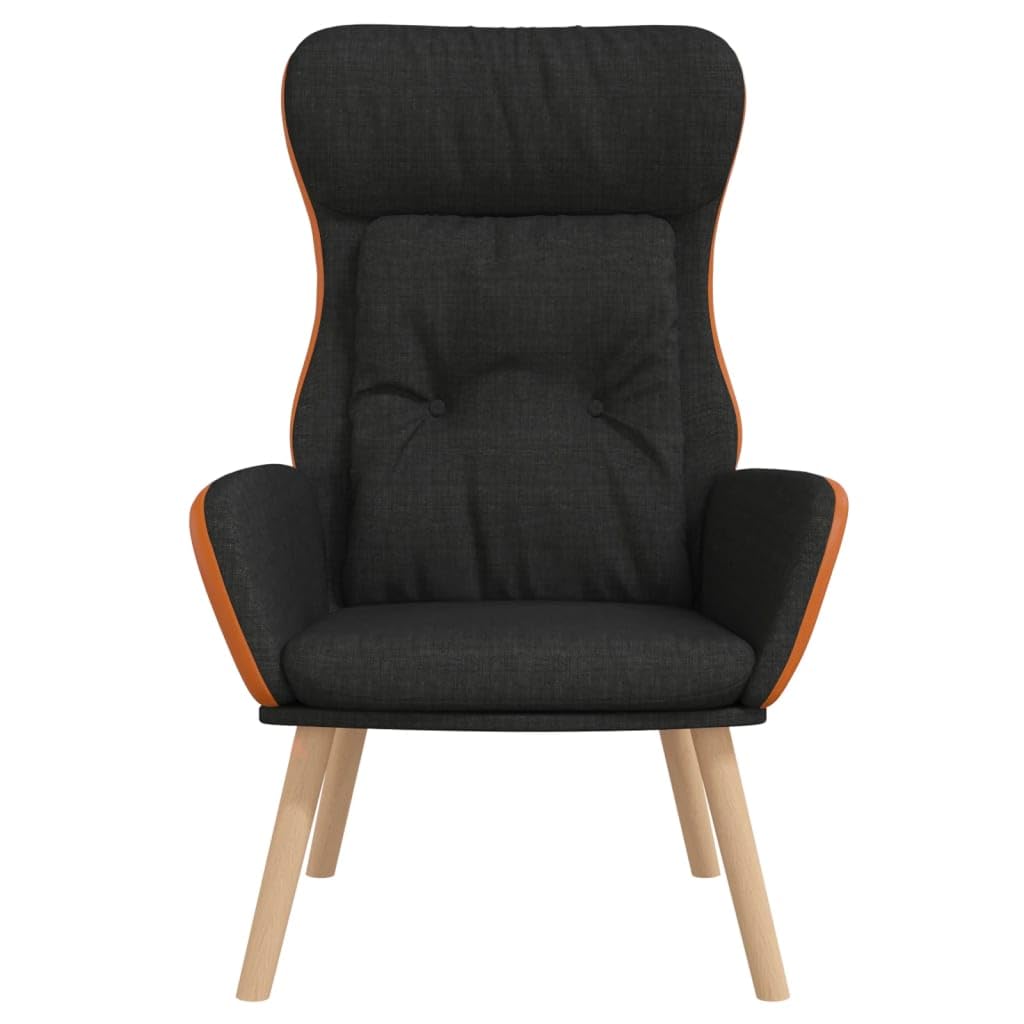 Poltrona relax nera con tessuto e rivestimento in PVC, spessa imbottita, telaio in metallo e gambe in legno massiccio di caucciù, sedia da soggiorno stabile con braccioli per un riposo