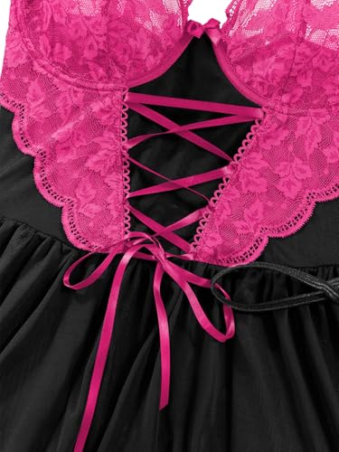 Image of Lilosy Plus Size Curvy Sexy Garter Belt Mesh Lace Babydoll Lingerie Dress Set with Thong Women Floral NightDress Nightwear Cute Underwire Push Up Corset Outfit Sheer Slip Blcak Hot Pink 4X-Large