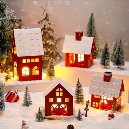 Poen 15 Pcs Christmas Village Accessories Set 4 Pcs Christmas Town Village Houses with Snow Carpet and 10 Pcs Christmas Tree for Winter Lantern Candle Decorative Display Desktop(Red)
