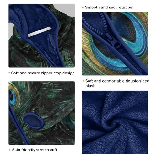 Green Peacock Feathers Toddler Fleece Jacket Girl Boys Hooded Fleece Jacket Coat Warm Outwear Zip-up 3-10T3