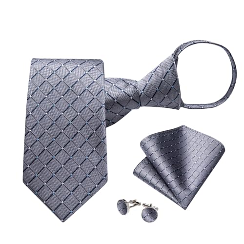 Image of DiBanGu Mens Zipper Ties Silk Adjustable Necktie Pocket Square | Paisley /Striped Pattern,Pre-tied Gift Tie Sets,Jacquard Woven,Pocket Square Cufflinks,Great for Formal & Business Wedding