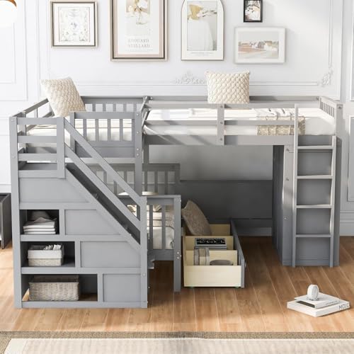 MERITLINE Twin-Twin Over Full Triple Bunk Bed with Storage Stairs,Wardrobe and Desk,Solid Wood L-Shaped 3 Bunk Bed with Ladder,Shelves,Headboard,Guardrail,No Box Spring Needed (Grey)