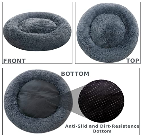 Comlax Beruhigende Donut Hundebetten XXL, Rundes Kissen mit abnehmbarem waschbarem Bezug, Anti-Angst-Kunstfell-Kuscheltier, Flauschiges, bequemes, pelziges Haustierbett (100cm, Dunkel Grau)