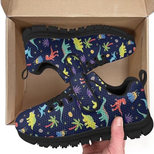 Little Kid Boys Girls Shoes Lightweight Mesh Breathable Adorable Running Sneakers for Little Kid and Big Kid Dinosaur Palm Pattern（Black Sole）2