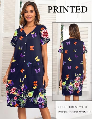 Image of Ekouaer House Dresses for Women with Pockets Button Down Nightgowns Plus Size Moo Moos Mumu Dresses Floral Print S-3XL