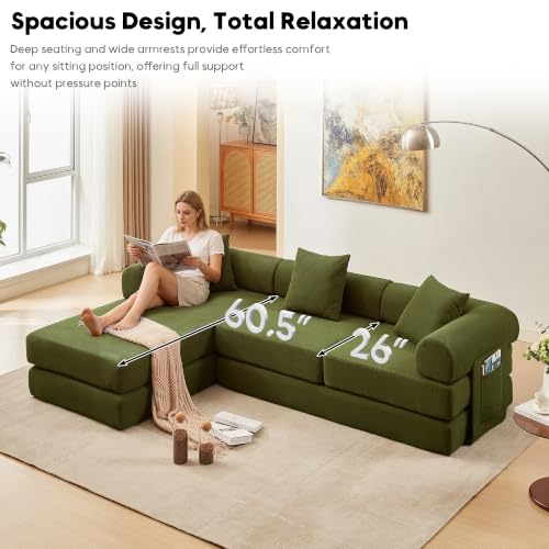 Image of 107 inch Modular Sectional Sofa Bed, L-Shape Corduroy Boneless Couch, Green