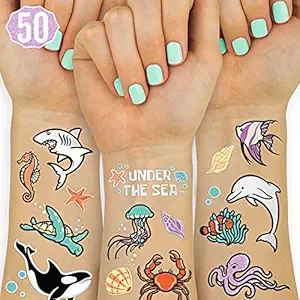 xo, Fetti Underwater Sea Creature Temporary Tattoos - 50 Glitter Styles | Ocean Animal Birthday Party Supplies, Shark, Dolphin, Crab, Fish, Arts and Crafts
