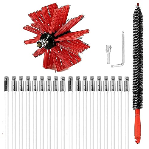 Chimney Sweep Kit Long Handle Chimney Cleaning Brush Kit With Flexible Rods And Replaceable Brush Head Nylon Sweep Brush Drainage Pipeline Flue Cleaning Tool Chimney Cleaning Kit(18 Rods,610mm)