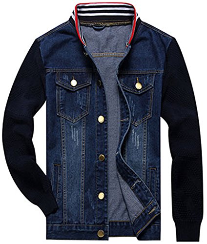 LifeHe Men's Classic Patchwork Slim Fit Denim Jacket Coat (Blue, XS)