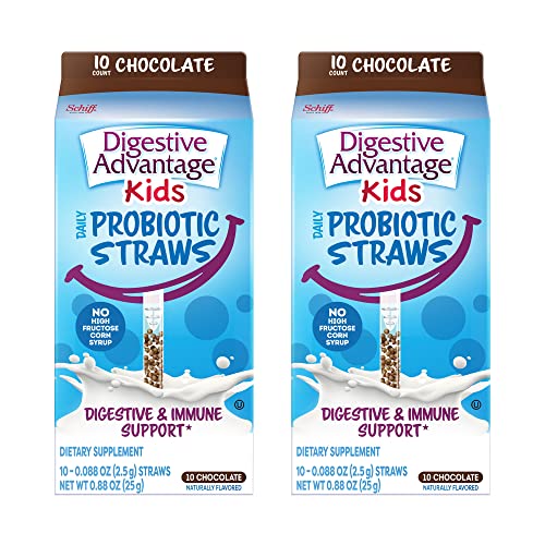 Kids Probiotics for Digestive & Immune Support* - Digestive Advantage Daily Probiotic Straws - Chocolate (10 Straws), BC30, Vegetarian, Gluten Free, Compostable Straw, Gut Health* (Pack of 2)