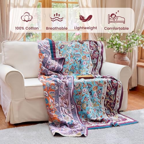 Image of MSGKV Boho Throw Blanket 60 inchx80 inch Fall Cotton Birds Floral Blanket for Bed