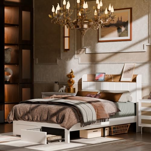 El Mejor Listado de Base para Cama Individual Con Cajones - los más vendidos. 43 EUBUY Marco de Cama de tamaño Completo con cajones de Almacenamiento y estación de Carga, Marco de Cama de Plataforma de Madera no Necesita somier, fácil Montaje