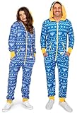 Tipsy Elves Christmas Onesies for Adults - Comfy Unisex Matching Holiday Jumpsuits with Convenient Pockets - Blue Hanukkah Jumpsuit Size Large