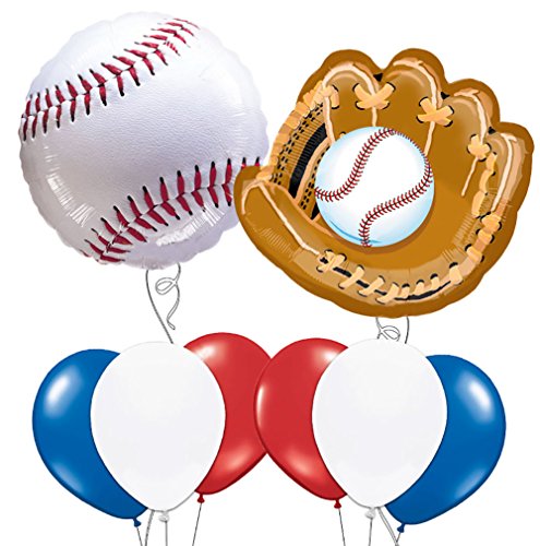 Custom, Fun & Cool 8 Pack of Helium & Air Inflatable Mylar/Latex Balloons w/ Athletic Sports Baseball & Baseball Glove Birthday Design [Variety Assorted Multicolor in Red, White, Blue. Black & Brown]