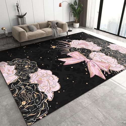 TIMOILU 6x8 Area Rug Pink Rose Flower Large Bedroom Rug, Black Gold Bow Romantic Plant Bedroom Rug Under Queen Size Bed Sturdy and Non-Shedding for Bedroom Hardwood Floors