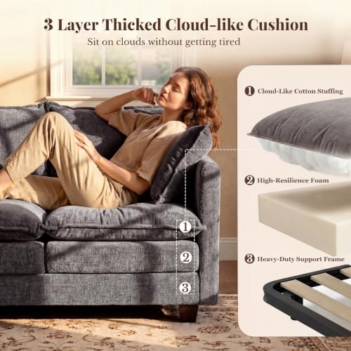 Image of KYJ Loveseat Sofa with Ottoman, Cloud 3 Layer Cushion Love Seat Couch | 50 inch Chenille Small Sofa, 27 inch Deep Seat, 2 Washable Pillow, in a Box for Bedroom & Living room, Singles, Couple & Kid, Grey