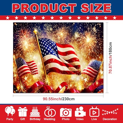 Image of BlissYard 4th of July Backdrop American Flag Fireworks Patriotic Party Decorations 8x6ft for Memorial Day Veterans Day Independence Day Party Photo Booth Red White Blue Stars Stripes