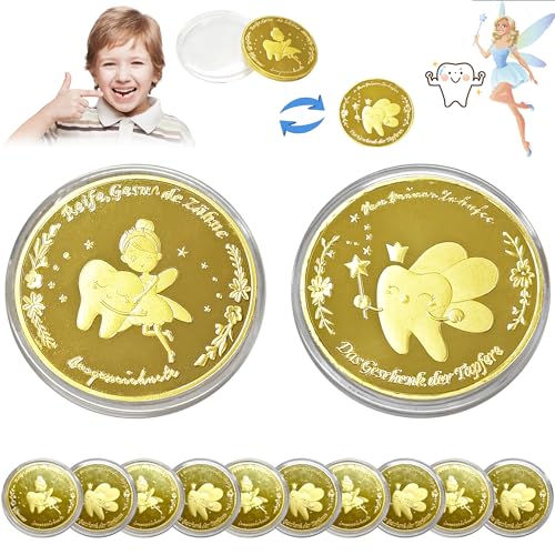 NVTRSD Zahnfee Münzen 10 Stück Zahnfee Goldmünzen mit Positiven Botschaften Zahnfee Präsent für Mädchen und Jungen Verlorener Zahn Souvenir