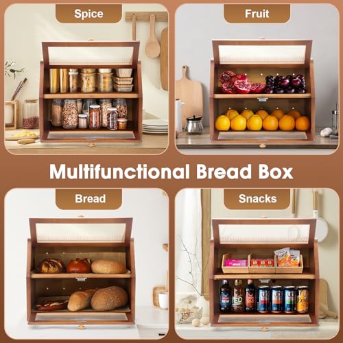 Large Bread Box for Kitchen Countertop, Wooden Bread Bin with Double Layer Storage and 0.6-inch Thick Natural Wood Panels, Rustic Bread Box Organizer for Kitchen (Retro Brown)