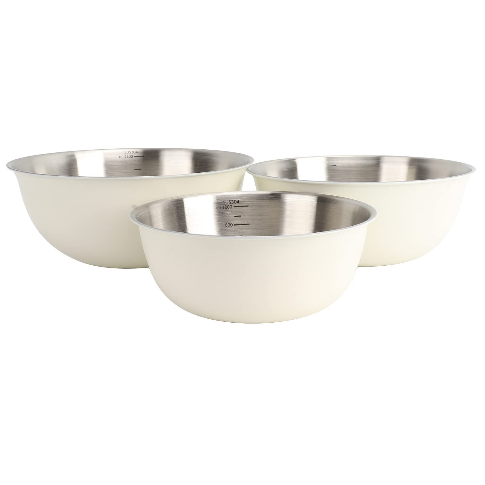 3 Pcs Bols à Mélanger avec Balance, Bassin à Salade Japonais en Acier Inoxydable Cuisson Pétrir la Pâte Bol à œufs Cuisine Organisateurs de Stockage des Aliments(Blanc)