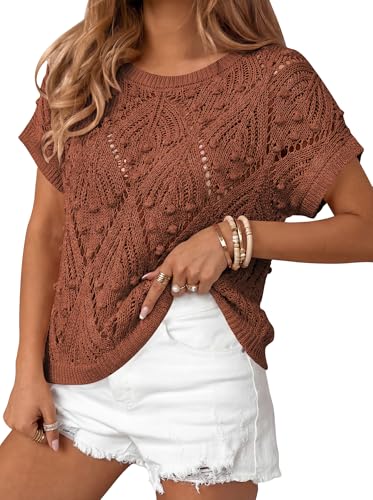 Image of Cakulo Womens Summer Crochet Boho Crop Tops Short Sleeve Lightweight Knit Sweater 2026 Beach Vacation Cruise Resort Wear