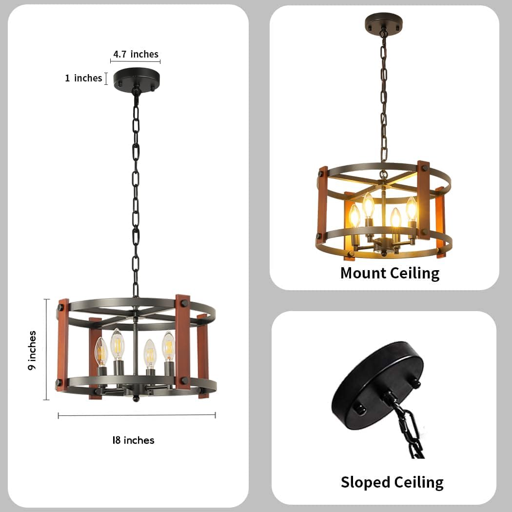 Farmhouse Wood Chandelier,18 Inch Black Modern Rustic Vintage Hanging Pendant Ceiling Light Fixture for Dining Room Bedroom Kitchen Island Hallway Foyer Entryway（4 Light