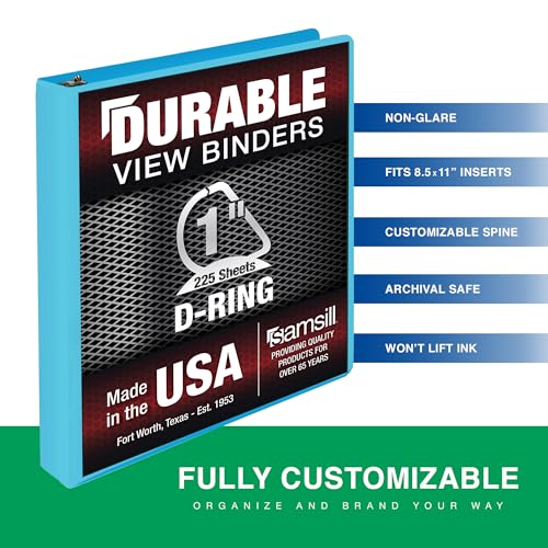 Image of Samsill Durable 1 Inch Binder, D Ring Binder, Customizable Clear View Cover, Sky Blue, Holds 225 Pages