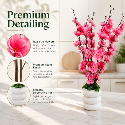 Image of Artificial Pink Flower Stems in Modern Ceramic-Style Pot Faux Blossom Arrangement for Home Decor, Living Room, Bedroom, Office Desk, Table Centerpiece & Interior Decoration